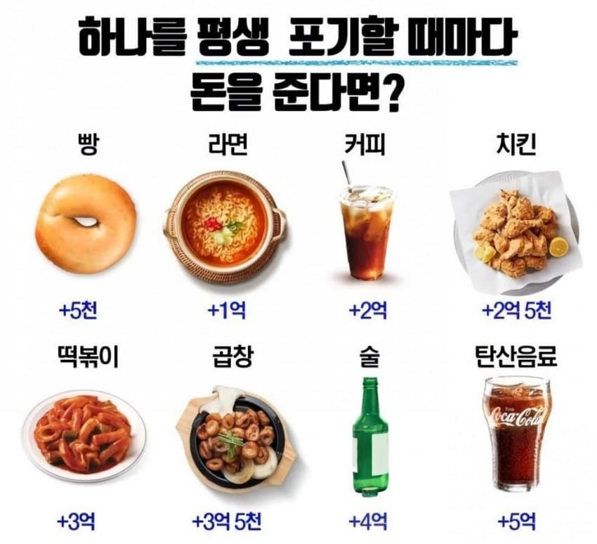 34e1591aa109bb830e1a4cfc2b4ce0be.webp 하나를 평생 포기할 때마다 돈을 준다면?