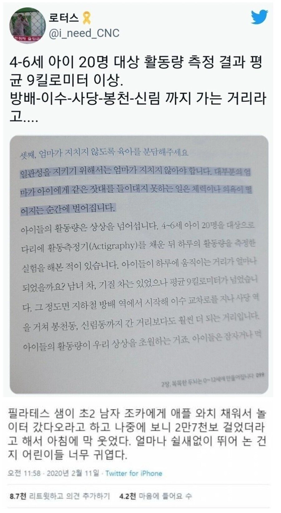 4~6세 아이 20명 대상 활동량 측정 결과 ㄷㄷ