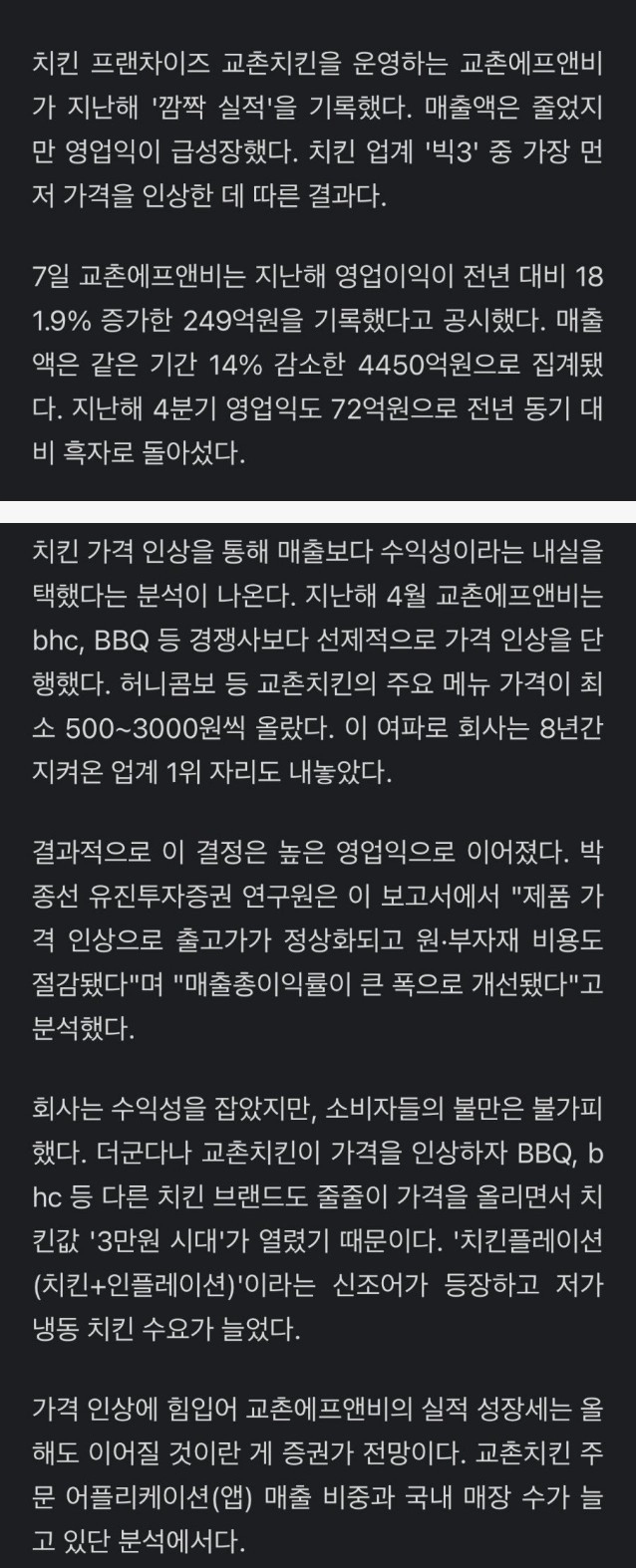가격 인상한 교촌치킨 근황