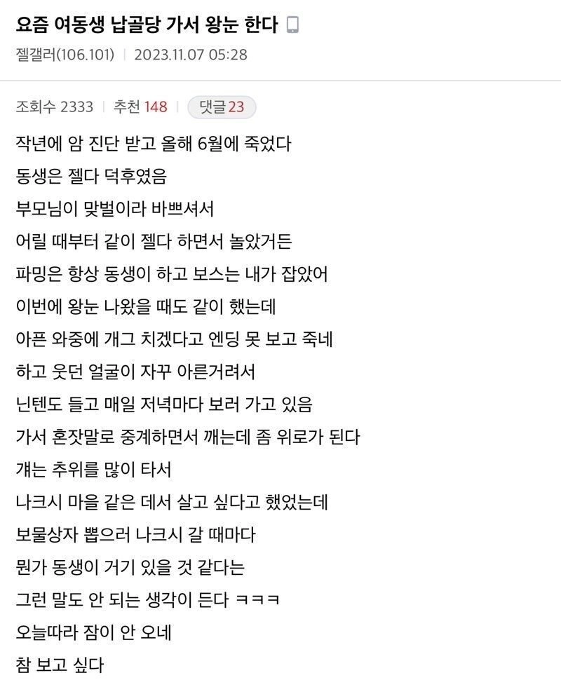 요즘 여동생 납골당 가서 게임한다