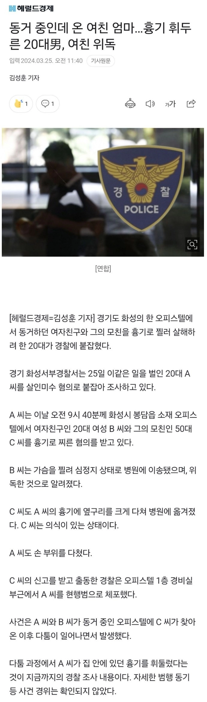 동거 중인데 온 여친 엄마 흉기 휘두른 20대
