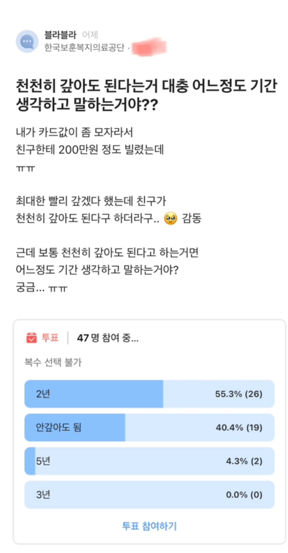 친구가 천천히 갚으라 한다면 그 기간은?
