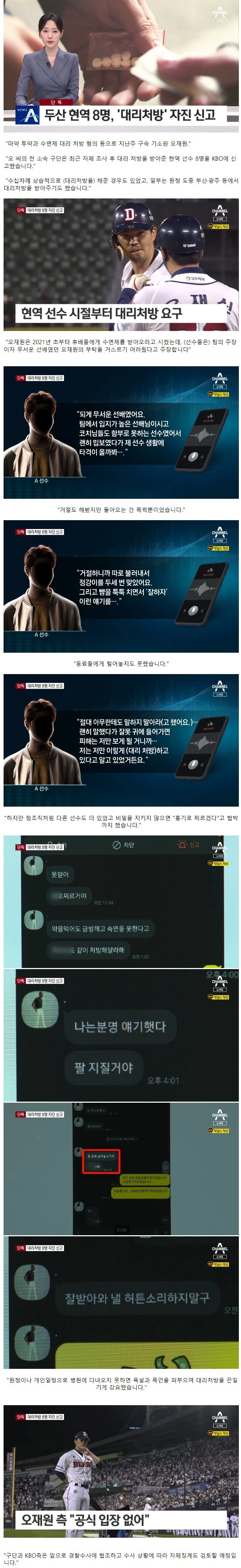 두산 현역 8명, '대리처방' 자진 신고