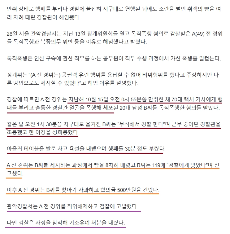 조롱 못참고 20대 ‘주폭’ 뺨 때린 경찰관 결국 해임