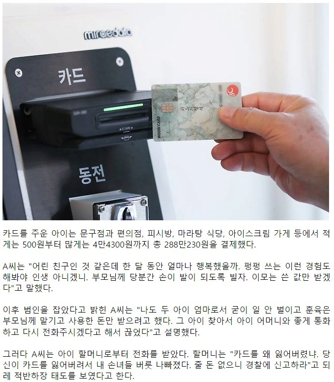 잼민이 주운 카드로 280만원 결제 '잃어버린 네 탓'
