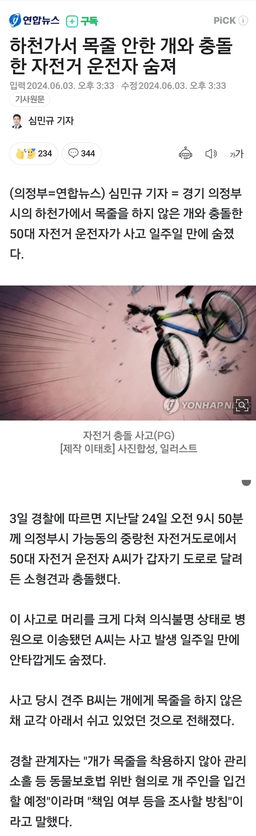 목줄 안한 개와 충돌한 자전저 운전자 사망