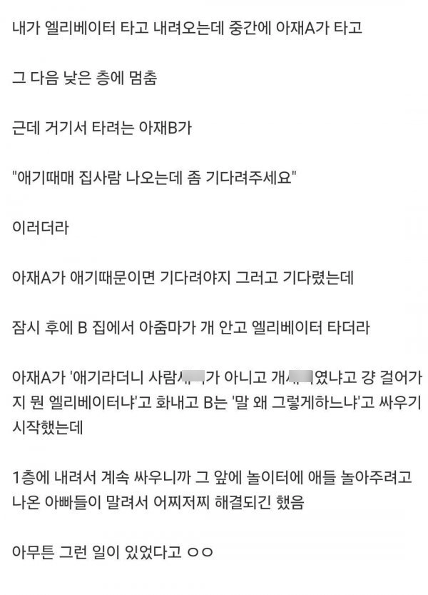 엘베에서 애기 때문에 싸우는 거 봄