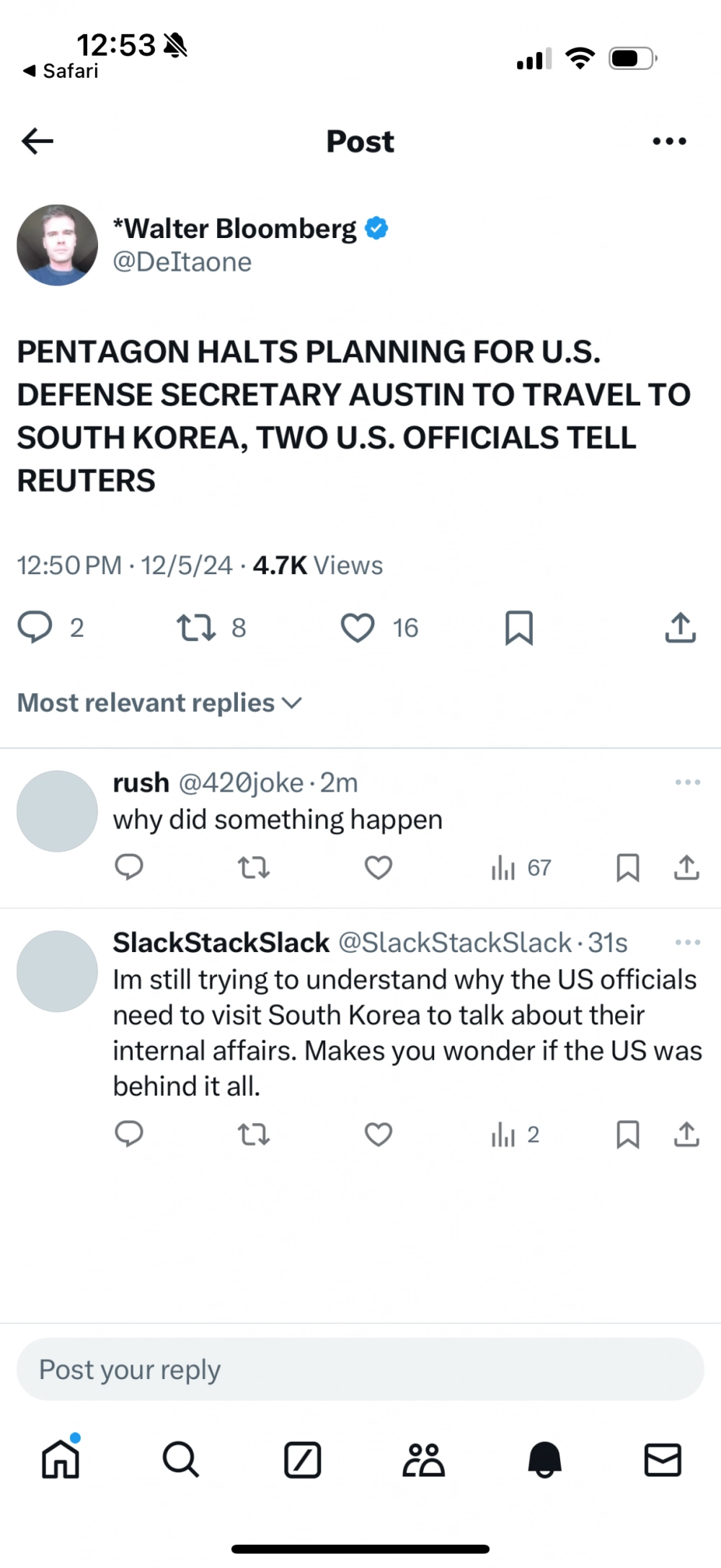 펜타곤 “미국 국방부 장관 한국 방문 준비하는거 중단“