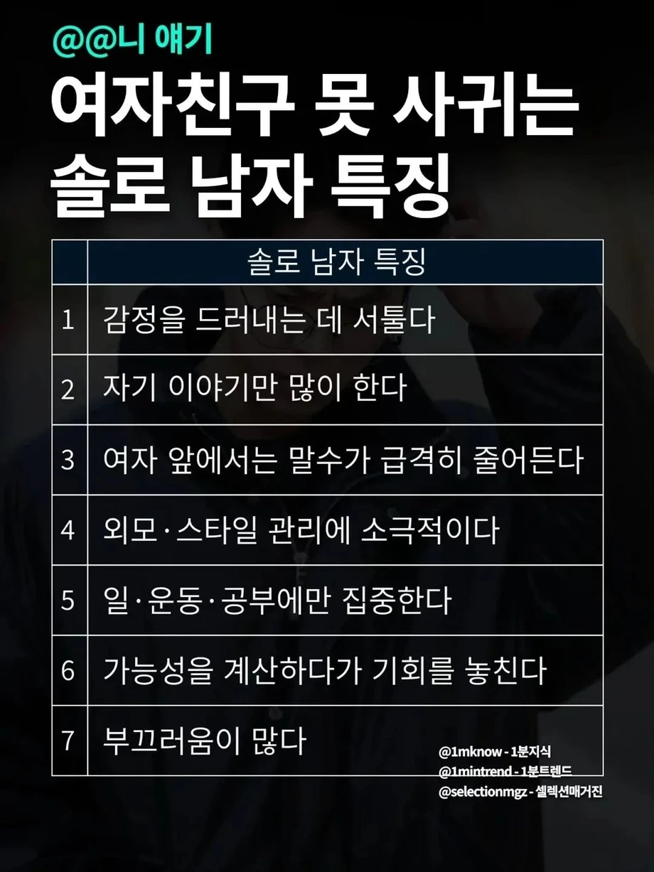 여자친구 못 사귀는 솔로 남자 특징