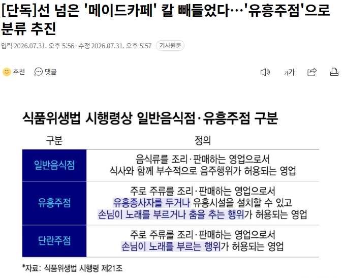 선 넘은 '메이드카페' 칼 빼들었다…'유흥주점'으로 분류 추진