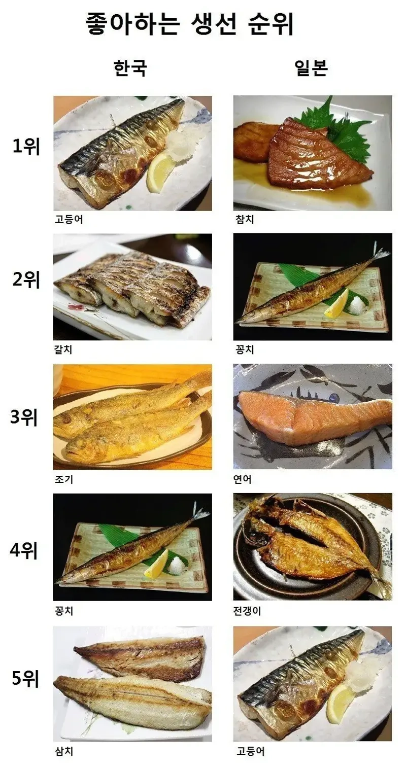 한국, 일본 좋아하는 생선 순위