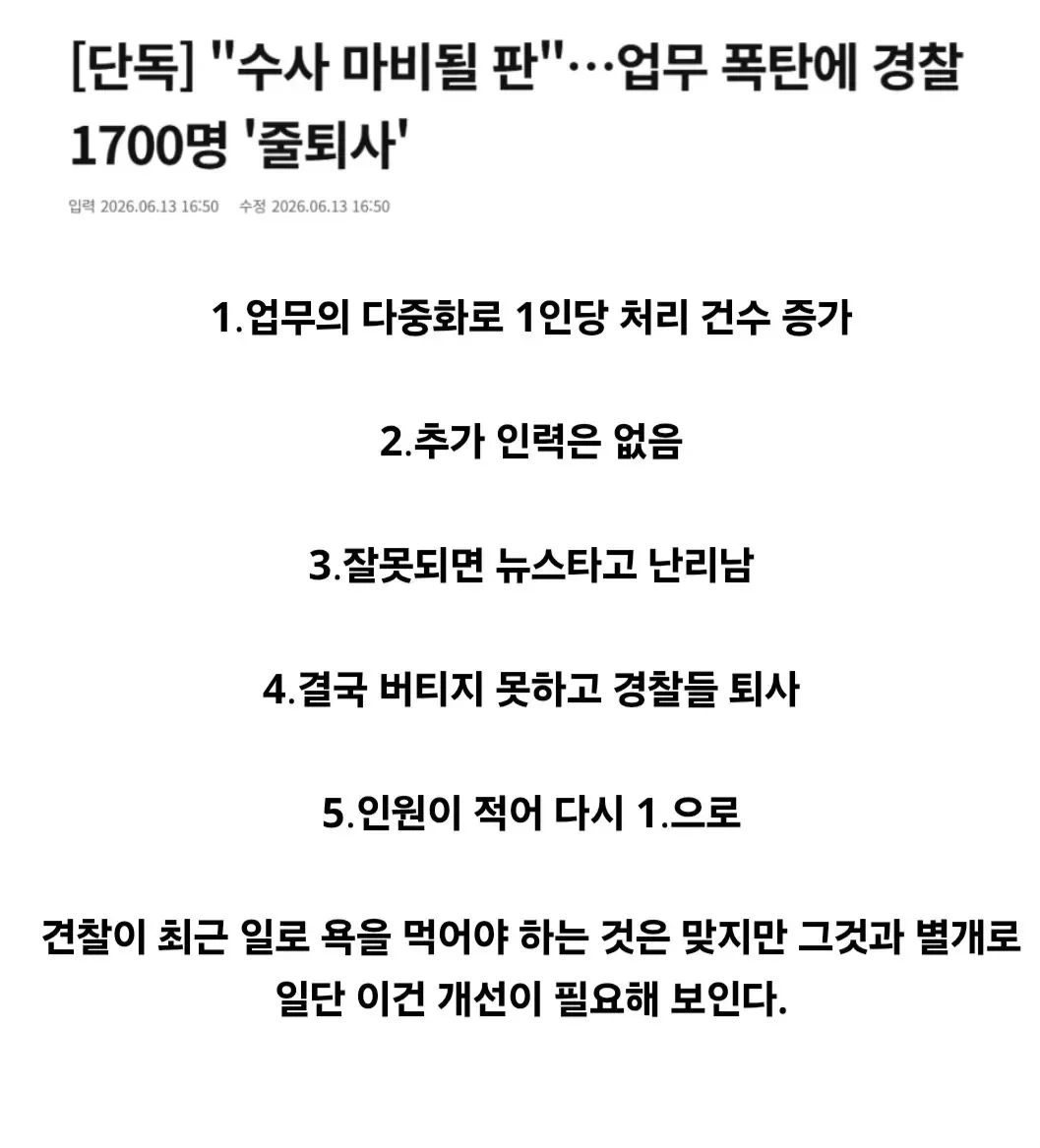 업무 폭탄에 경찰 1700명 줄퇴사 ㄷㄷ